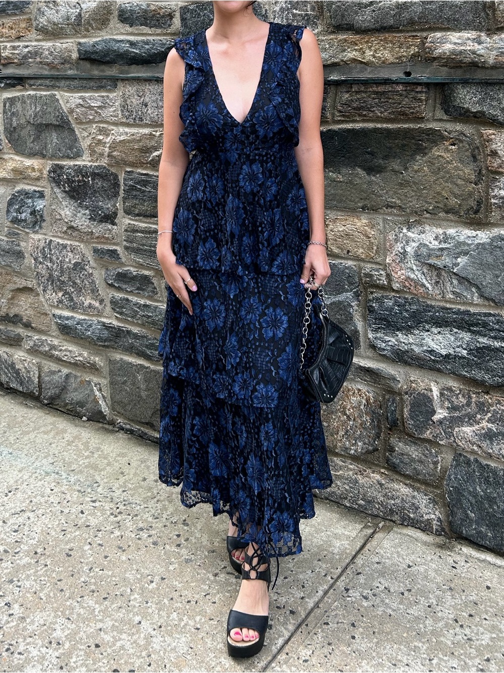 Blue and black long ruffle dress
